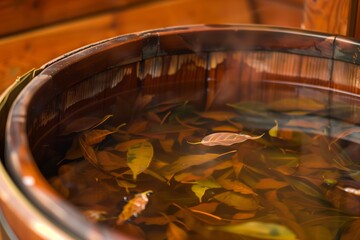 Canvas Print - A wooden tub filled with water and floating autumn leaves, creating a serene and rustic atmosphere.