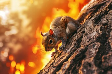 Wall Mural - Squirrel climbing a tree trunk with a vibrant orange and yellow bokeh background.