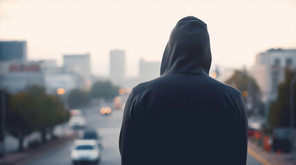 A man in a hoodie stands on a city street, looking out at the cars and buildings