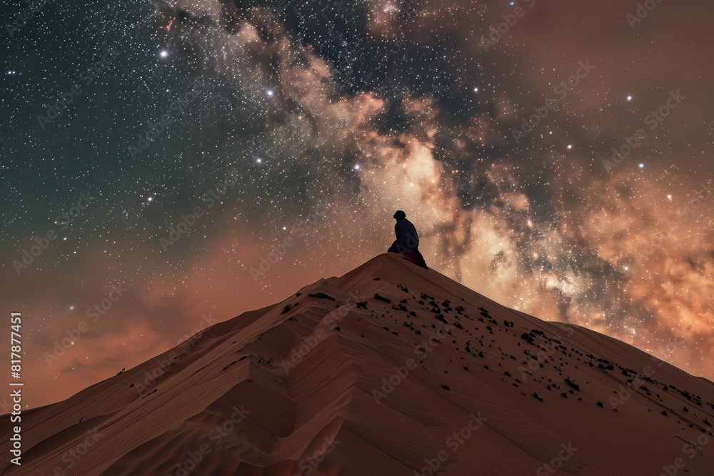 Silhouette of a person sitting on a sand dune under a starry night sky ...