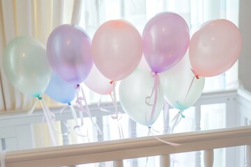 Wall Mural - A bunch of pastel-colored balloons tied with ribbons, floating indoors near a window with light curtains.
