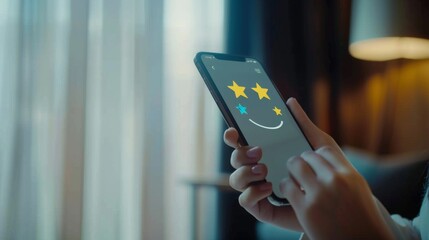 Poster - Woman hand pressing on smart phone with smiley face, like, love and star emoticon on virtual touch screen. Customer service evaluation concept.