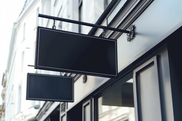 two black empty outdoor hanging business signage on the side of the building, black border.