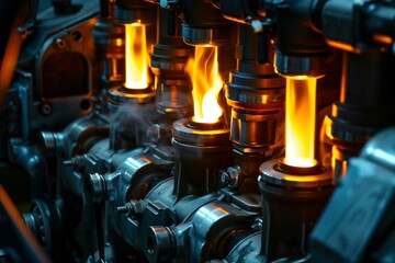 Close-up of an internal combustion engine in operation, showcasing the ignition and flames inside the cylinders, highlighting mechanical and engineering details.