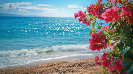 Wall Mural - A beautiful beach scene with a pink flower bush in the foreground