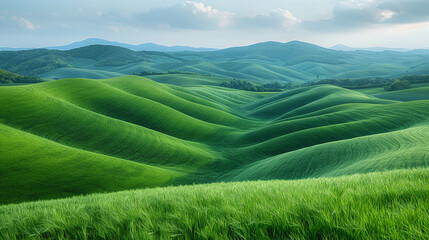 Poster - A lush green field with rolling hills and a clear blue sky