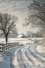 Poster - Frosty Winter Morning on a Quiet Snow-Covered Farm  