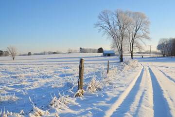 Poster - Frosty Winter Morning on a Quiet Snow-Covered Farm  