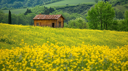 Canvas Print - Picturesque Farmhouse Amidst Vibrant Flowering Fields  