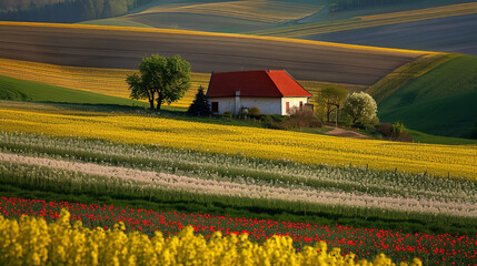 Poster - Picturesque Farmhouse Amidst Vibrant Flowering Fields  