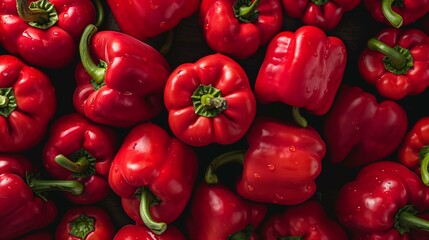 Bright Red Bell Peppers in a Pile, Emphasizing their Glossy Skin and Freshness, Ideal for Spicy Cuisine or Colorful Food Presentations