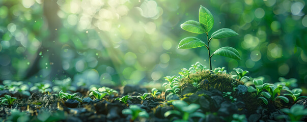 Wall Mural - New young seedling growing out of black soil in the forest. Saving environment and loving nature concept.