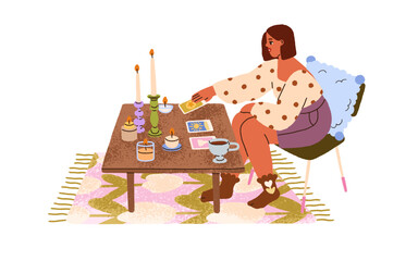 Wall Mural - Young woman spreading and reading tarot cards at cozy home. Modern girl sitting at coffee table with taro deck, hygge candles. Esoteric hobby, leisure. Flat vector illustration isolated on white