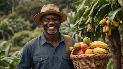 Wall Mural - farmer holding a box of tropical fruits