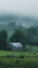 Canvas Print - Dairy Farm with Grazing Cows and Traditional Milking Barn  