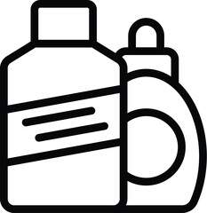 Poster - Simple black and white vector icons of household cleaning products for hygiene and sanitation, including detergent, spray, and cleaner bottles