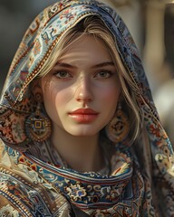 Wall Mural - Beautiful blonde Woman in Traditional Attire and Embroidered Headscarf