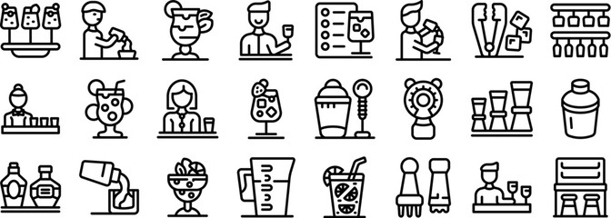 Poster - Bartender making cocktail vector icon. A series of black and white icons depicting various food and drink related items. The icons include a person pouring a drink, a person holding a cup, a person