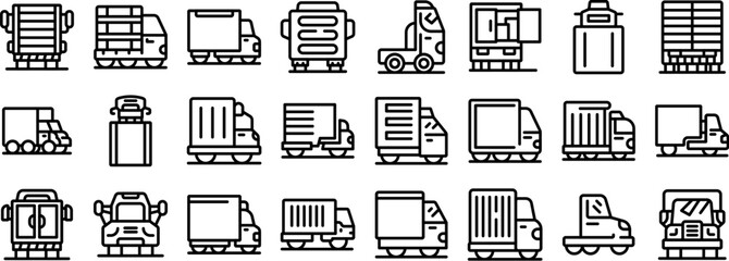 Wall Mural - Truck semi-trailer vector icon. A collection of different types of vehicles, including cars, trucks, and buses. The vehicles are all drawn in a simple, stylized way, with no color or shading. Scene is
