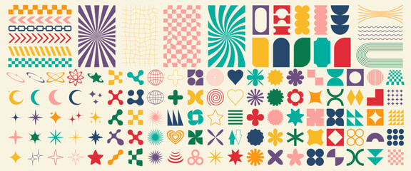 Wall Mural - Big vector set of Y2K design elements. Trendy abstract minimalist figures, stars, flowers, circles. Vector illustration