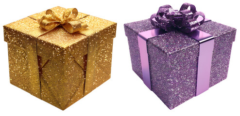 Wall Mural - golden and purple glitter gift box isolated png on transparent background