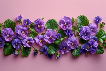 Wall Mural - Beautiful purple viola flowers on pink background. Flat lay, top view