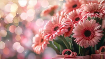 Wall Mural - Bouquet of pink gerbera daisies on bokeh background