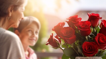 Wall Mural - Happy senior woman and her daughter with bouquet of red roses at home