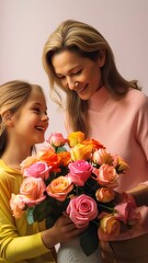 Wall Mural - Mother and daughter with a bouquet of flowers on a pink background