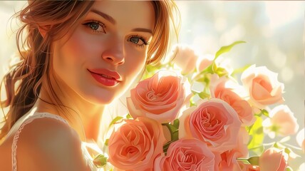 Wall Mural - Portrait of beautiful young woman with pink roses on light background.