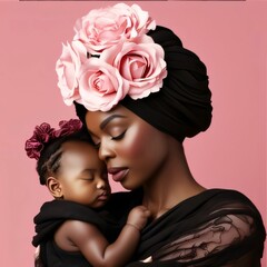 Wall Mural - African American mother with her daughter on a pink background. Beauty, fashion.