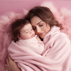 Wall Mural - Mother and daughter in a pink blanket. The concept of a happy family.