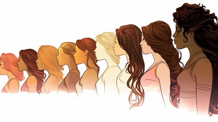 Wall Mural - Diverse Women Empowerment Poster: Multicultural Female Community in Silhouette Forming Profile Head, Symbolizing Unity, Allyship, and Racial Equality. Graphic Design Illustration for Empowerment