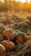 Poster - Autumn Harvest Scene with Pumpkins and Golden Hour Light  