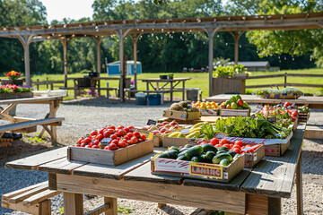 Canvas Print - Sunny Farmer’s Market with Fresh Produce on Rustic Tables 