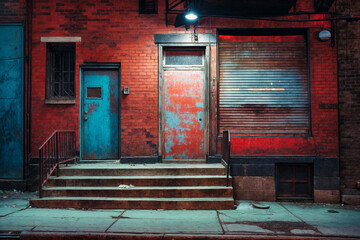 Nighttime urban alleyway with worn blue doors and red brick walls, illuminated by a single street lamp. Capturing themes of urban decay, neglect, and hidden stories