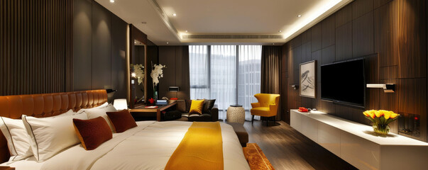 The modern and luxurious hotel room features a large bed, wooden floors, wall panels with builtin shelves, an elegant sofa in yellow tones, two tall chairs, desk