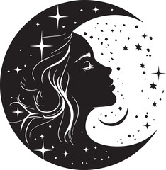 crescent moon with female face, stars, and celestial elements