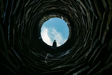 Wall Mural - Looking up from the bottom of a deep stone well towards the bright sky, with a silhouette of a person standing at the edge.