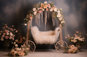 Wall Mural - A white carriage with flowers and a baby carriage seat. The scene is set up for a wedding or a baby shower