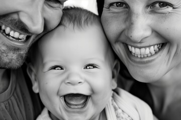 Wall Mural - Close-up black and white photo of a joyful family with parents and a smiling baby in the center.