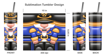 Funny Christmas Nutcracker. 3D inflated bubble sublimation design for 20 oz skinny tumbler. Sublimation illustration. Seamless from edge to edge. Full tumbler wrap.