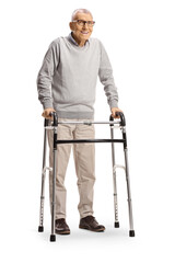 Poster - Elderly man with a walker isolated on white background