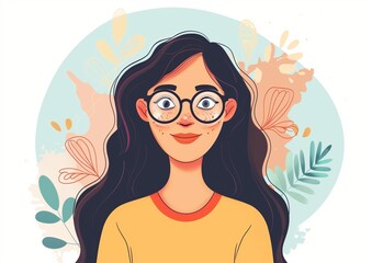 Poster - Confident Young Woman with Glasses and Freckles Portrait Illustration