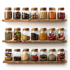 Wall Mural - A variety of aromatic spices neatly organized in glass jars on a kitchen shelf isolated on white background, hyperrealism, png
