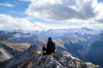 Wall Mural - A hiker in winter gear sits on a rocky peak, admiring a vast mountain range under a partly cloudy sky, capturing the essence of adventure and nature's grandeur.