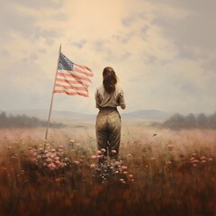 Young woman in a field with an american flag in her hand