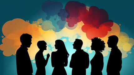 Wall Mural - Diverse Group of Multicultural People in Dialogue, Sharing Ideas, and Communicating - Silhouette Heads in Speech Bubble Profile Illustration for Communication and Collaboration Concept