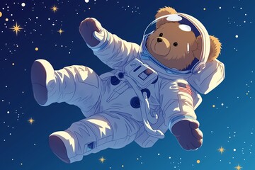 illustration of a teddy bear wearing an astronaut suit floating in space with copy space