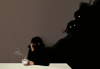 strange dark shadow creatures surround a young woman sitting with her coffee. ambiguous omen